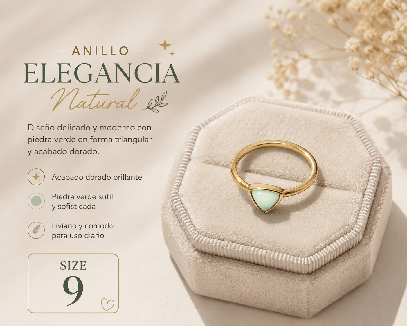 Anillo Dorado con Piedra Verde – Size 9