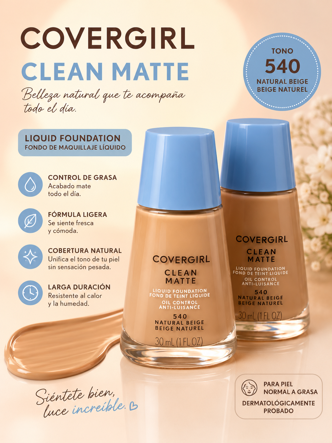 CoverGirl Clean Matte Liquid Foundation – Tono 540 Natural Beige